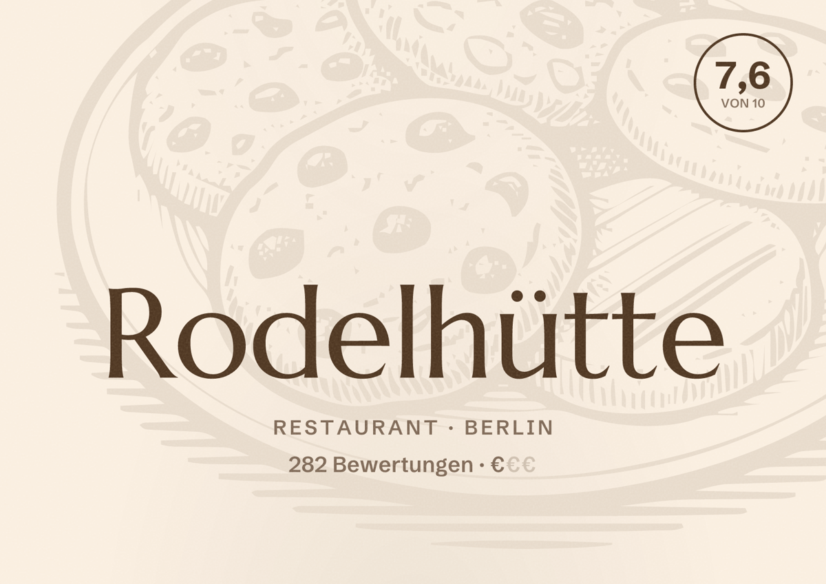 Illustriertes Poster von Rodelhütte, Restaurant in Berlin: Bewertung 7,6 von 10 aus 282 Bewertungen, Preisniveau €