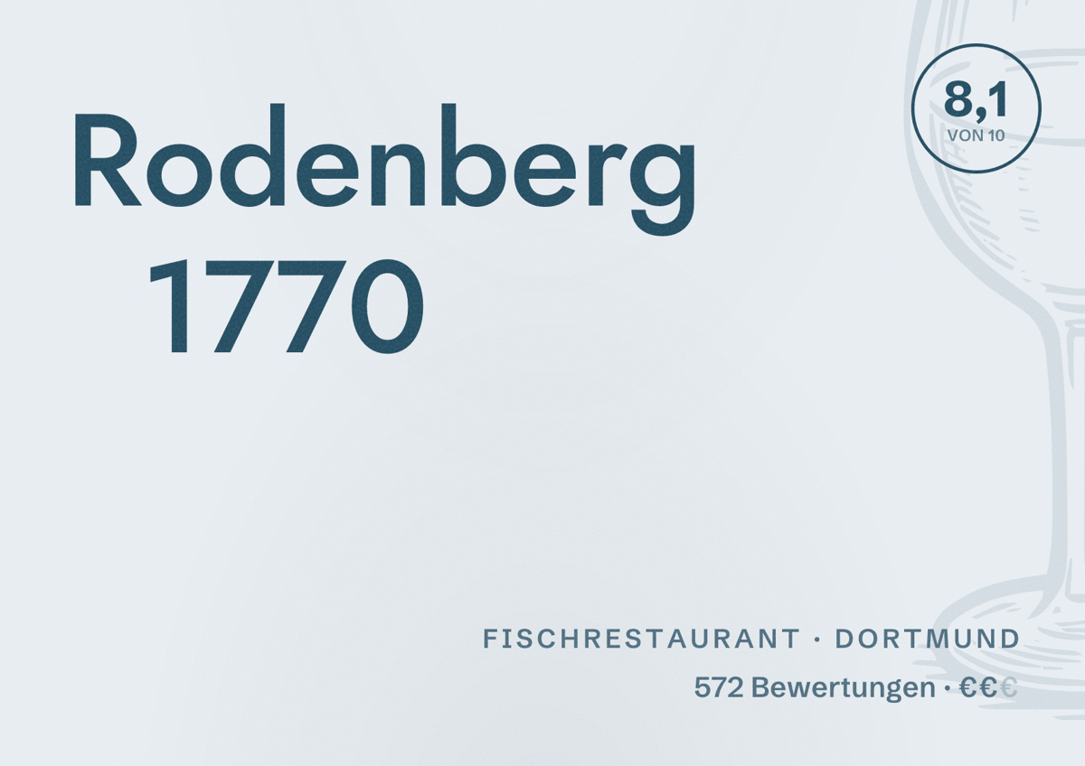 Illustriertes Poster von Rodenberg 1770, Fischrestaurant in Dortmund: Bewertung 8,1 von 10 aus 572 Bewertungen, Preisniveau €€