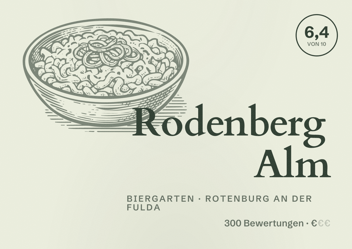 Illustriertes Poster von Rodenberg Alm, Biergarten in Rotenburg an der Fulda: Bewertung 6,4 von 10 aus 300 Bewertungen, Preisniveau €