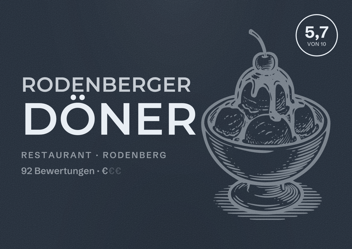 Illustriertes Poster von Rodenberger Döner, Restaurant in Rodenberg: Bewertung 5,7 von 10 aus 92 Bewertungen, Preisniveau €