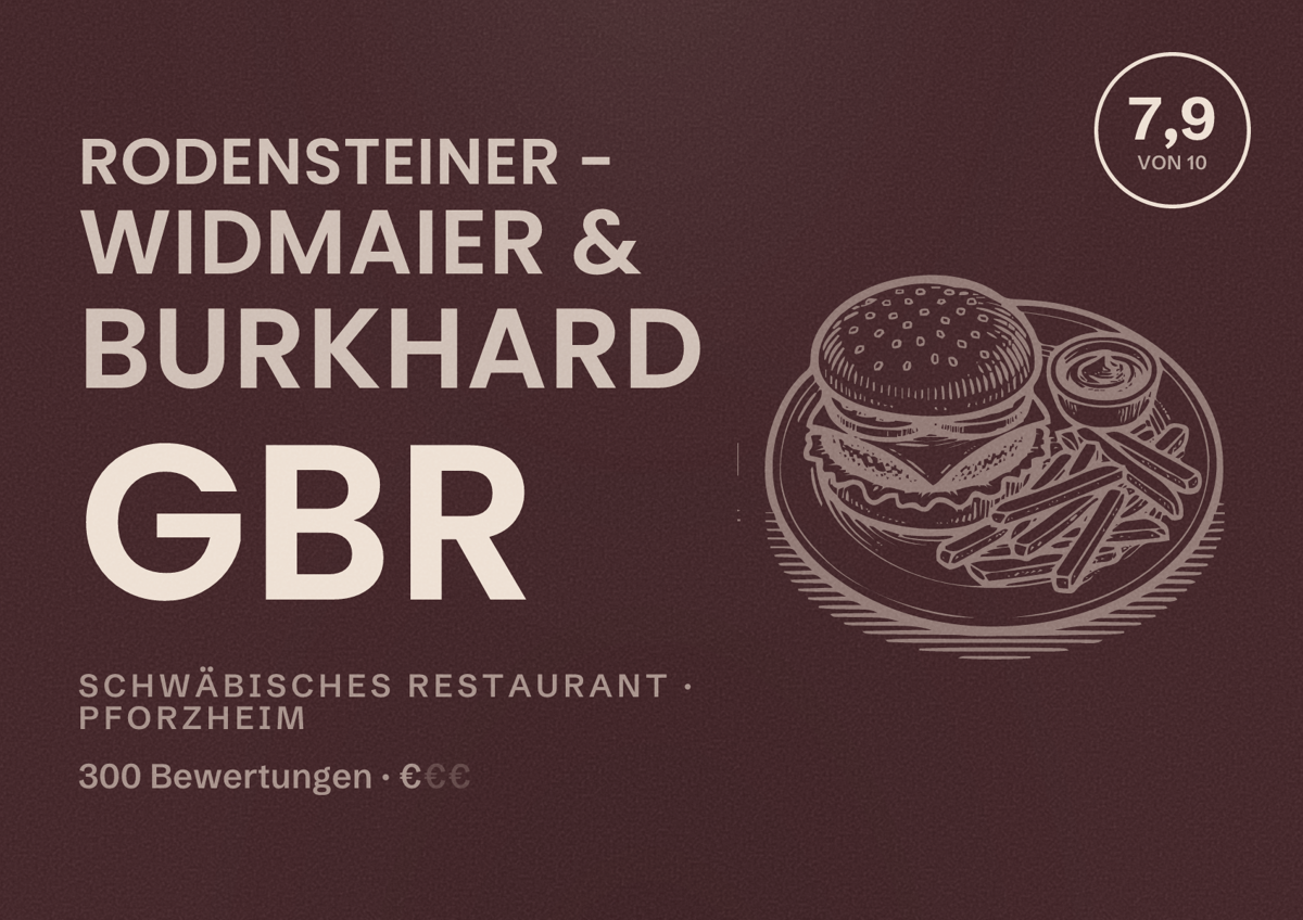 Illustriertes Poster von Rodensteiner - Widmaier & Burkhard GbR, Schwäbisches Restaurant in Pforzheim: Bewertung 7,9 von 10 aus 300 Bewertungen, Preisniveau €