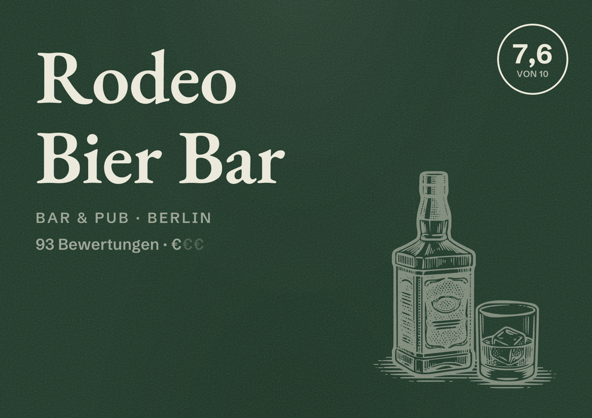 Illustriertes Poster von Rodeo Bier Bar, Bar & Pub in Berlin: Bewertung 7,6 von 10 aus 93 Bewertungen, Preisniveau €