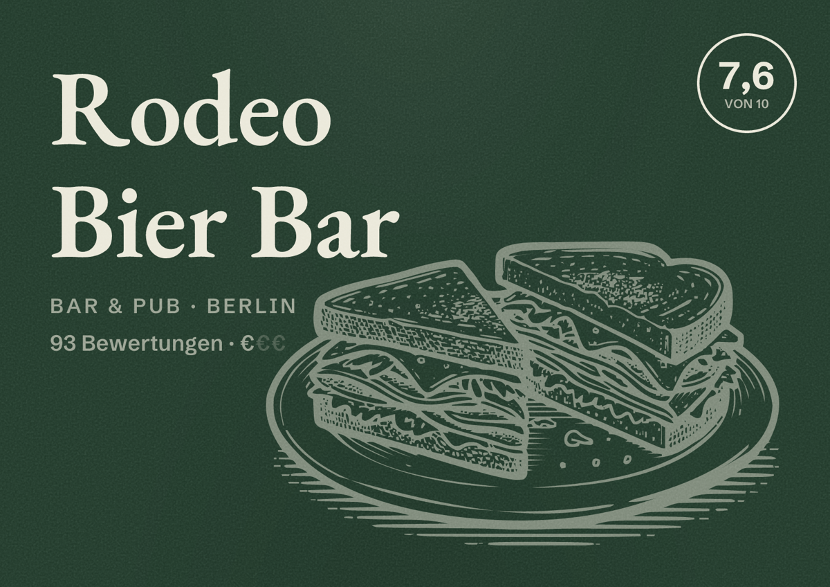 Illustriertes Poster von Rodeo Bier Bar, Bar & Pub in Berlin: Bewertung 7,6 von 10 aus 93 Bewertungen, Preisniveau €