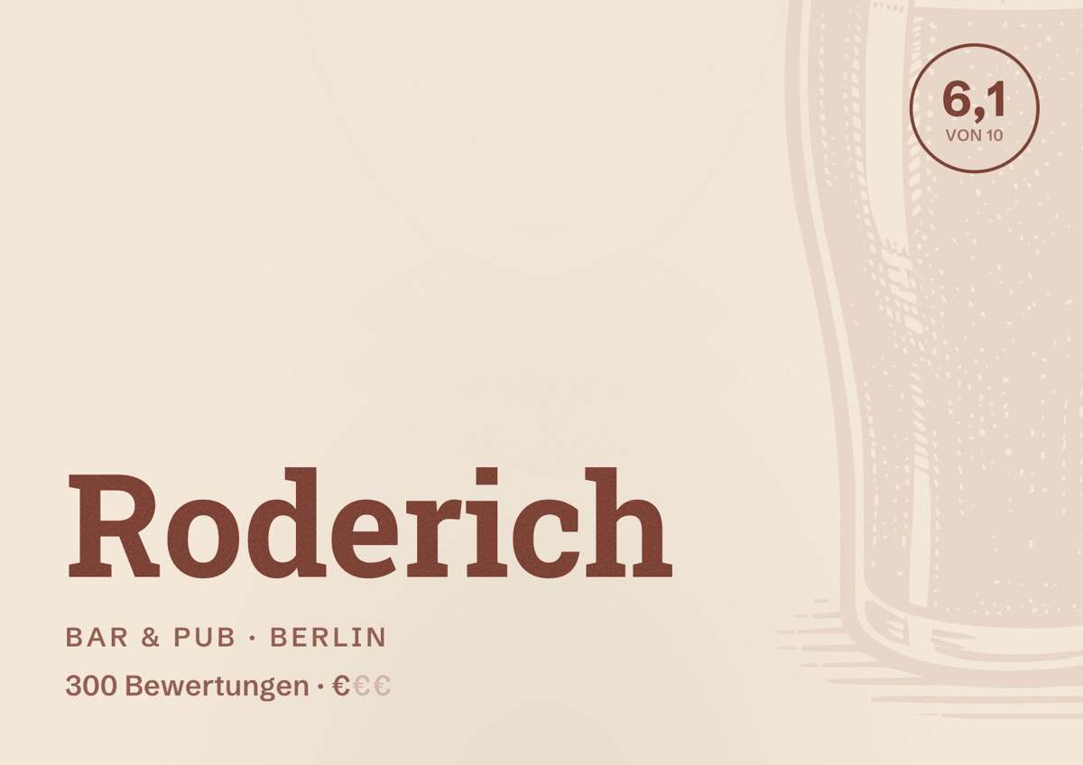 Illustriertes Poster von Roderich, Bar & Pub in Berlin: Bewertung 6,1 von 10 aus 300 Bewertungen, Preisniveau €