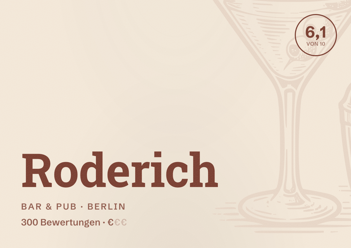 Illustriertes Poster von Roderich, Bar & Pub in Berlin: Bewertung 6,1 von 10 aus 300 Bewertungen, Preisniveau €