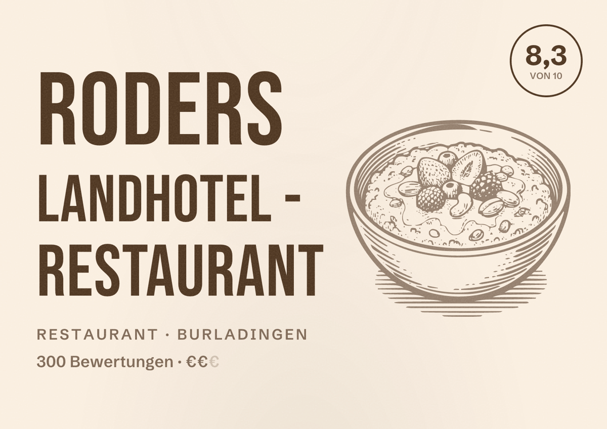 Illustriertes Poster von Roders Landhotel - Restaurant, Restaurant in Burladingen: Bewertung 8,3 von 10 aus 300 Bewertungen, Preisniveau €€