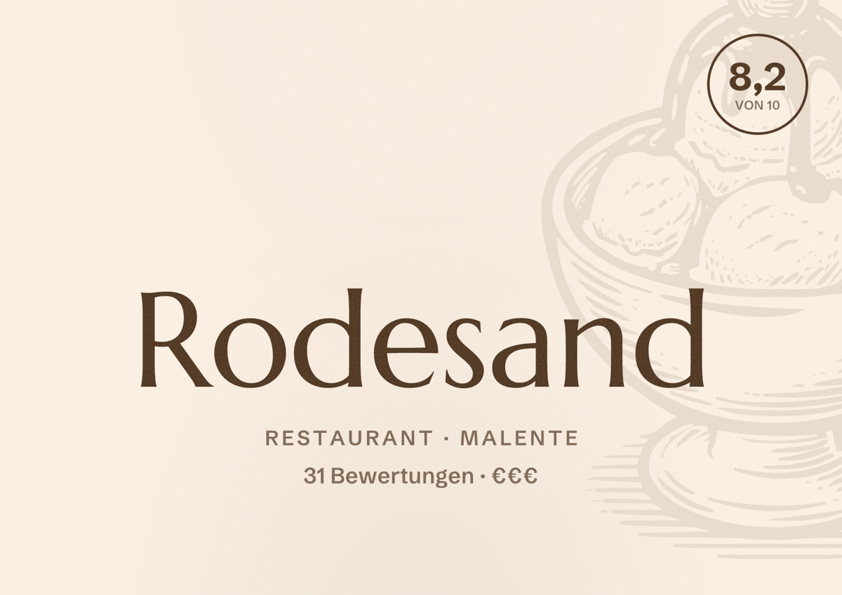 Illustriertes Poster von Rodesand, Restaurant in Malente: Bewertung 8,2 von 10 aus 31 Bewertungen, Preisniveau €€€