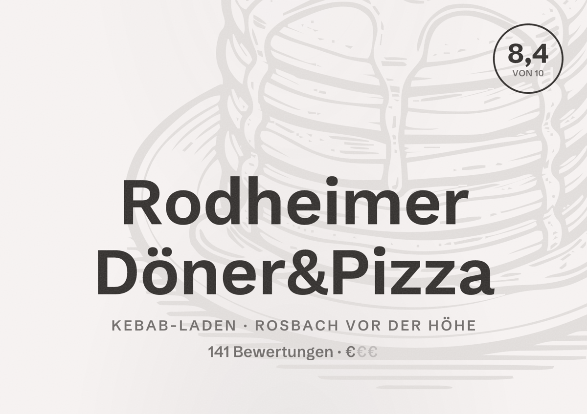 Illustriertes Poster von Rodheimer Döner&Pizza, Kebab-Laden in Rosbach vor der Höhe: Bewertung 8,4 von 10 aus 141 Bewertungen, Preisniveau €