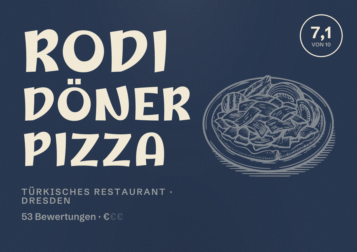 Illustriertes Poster von Rodi Döner Pizza, Türkisches Restaurant in Dresden: Bewertung 7,1 von 10 aus 53 Bewertungen, Preisniveau €