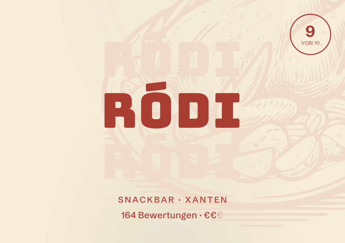Illustriertes Poster von Ródi, Snackbar in Xanten: Bewertung 9 von 10 aus 164 Bewertungen, Preisniveau €€