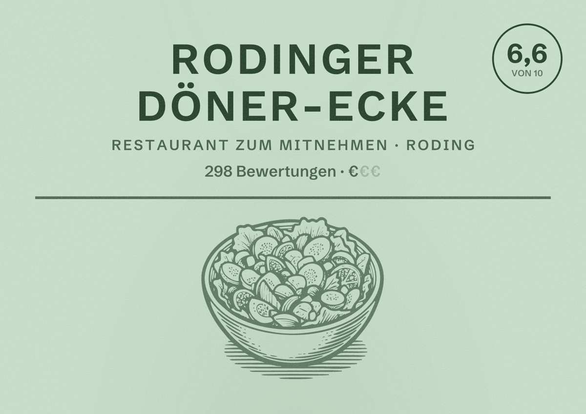 Illustriertes Poster von Rodinger Döner-Ecke, Restaurant zum Mitnehmen in Roding: Bewertung 6,6 von 10 aus 298 Bewertungen, Preisniveau €