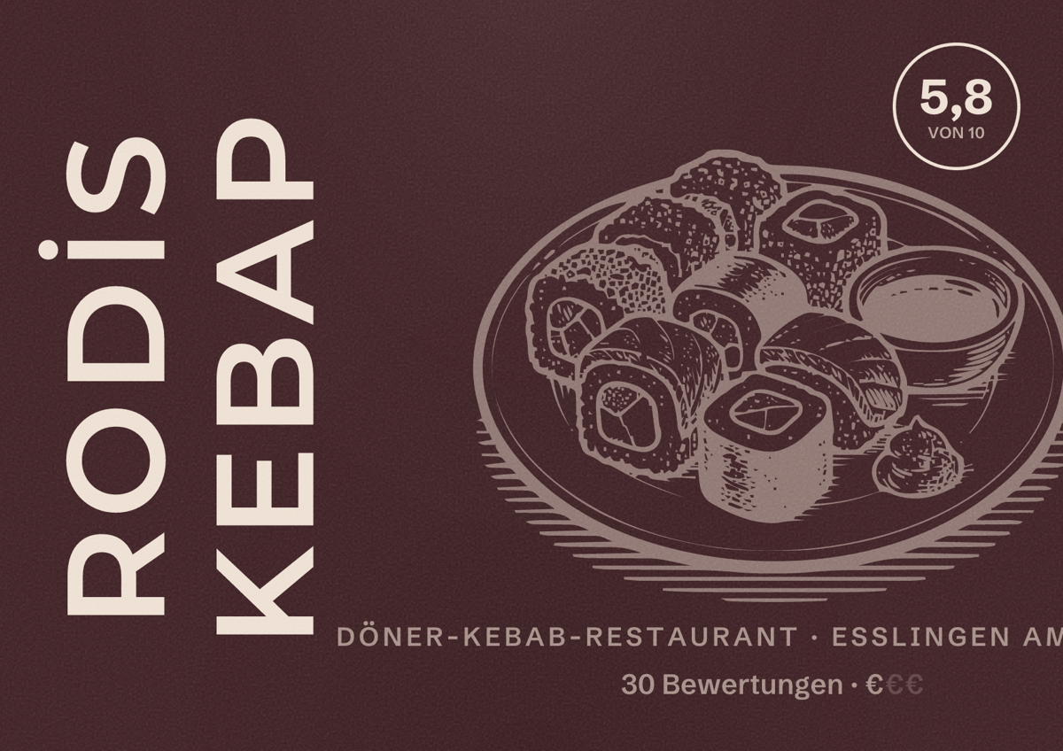 Illustriertes Poster von RODİS KEBAP, Döner-Kebab-Restaurant in Esslingen am Neckar: Bewertung 5,8 von 10 aus 30 Bewertungen, Preisniveau €