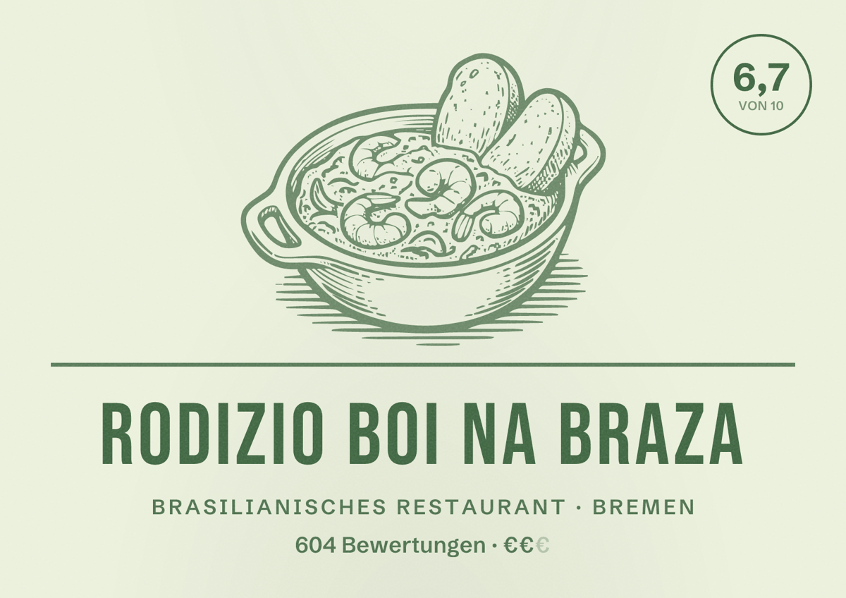 Illustriertes Poster von Rodizio Boi Na Braza, Brasilianisches Restaurant in Bremen: Bewertung 6,7 von 10 aus 604 Bewertungen, Preisniveau €€