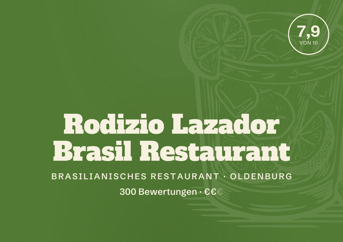 Illustriertes Poster von Rodizio Lazador Brasil Restaurant, Brasilianisches Restaurant in Oldenburg: Bewertung 7,9 von 10 aus 300 Bewertungen, Preisniveau €€