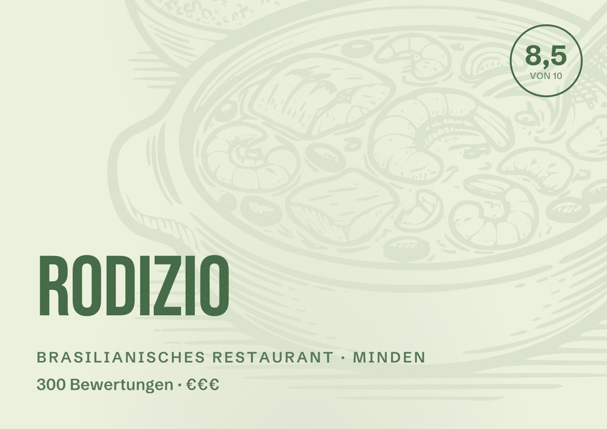 Illustriertes Poster von Rodizio, Brasilianisches Restaurant in Minden: Bewertung 8,5 von 10 aus 300 Bewertungen, Preisniveau €€€