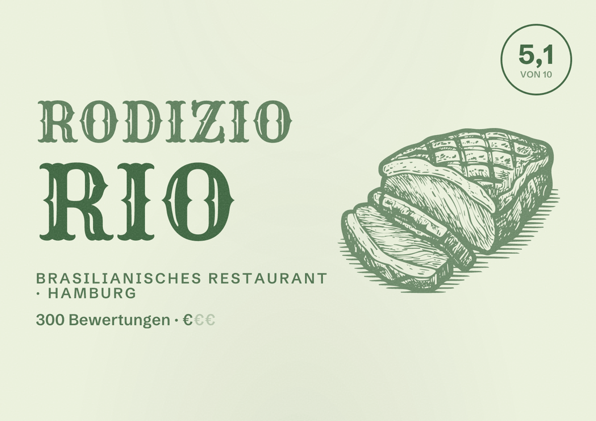Illustriertes Poster von Rodizio Rio, Brasilianisches Restaurant in Hamburg: Bewertung 5,1 von 10 aus 300 Bewertungen, Preisniveau €
