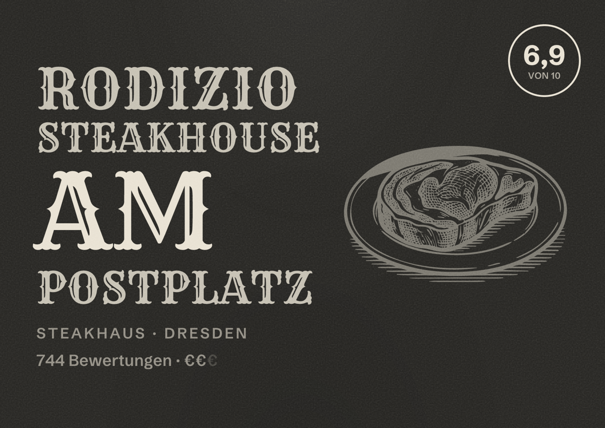Illustriertes Poster von Rodizio Steakhouse am Postplatz, Steakhaus in Dresden: Bewertung 6,9 von 10 aus 744 Bewertungen, Preisniveau €€