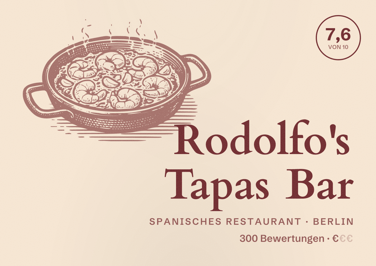 Illustriertes Poster von Rodolfo's Tapas Bar, Spanisches Restaurant in Berlin: Bewertung 7,6 von 10 aus 300 Bewertungen, Preisniveau €