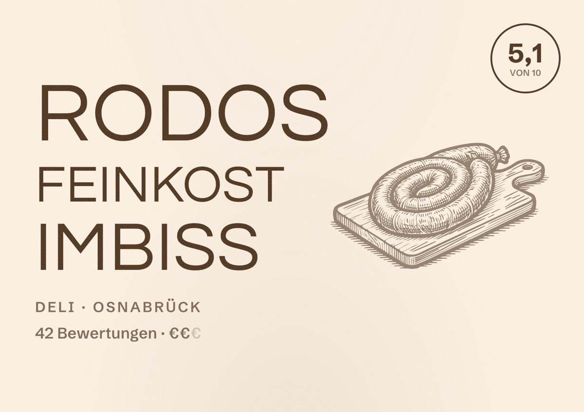 Illustriertes Poster von Rodos Feinkost Imbiss, Deli in Osnabrück: Bewertung 5,1 von 10 aus 42 Bewertungen, Preisniveau €€