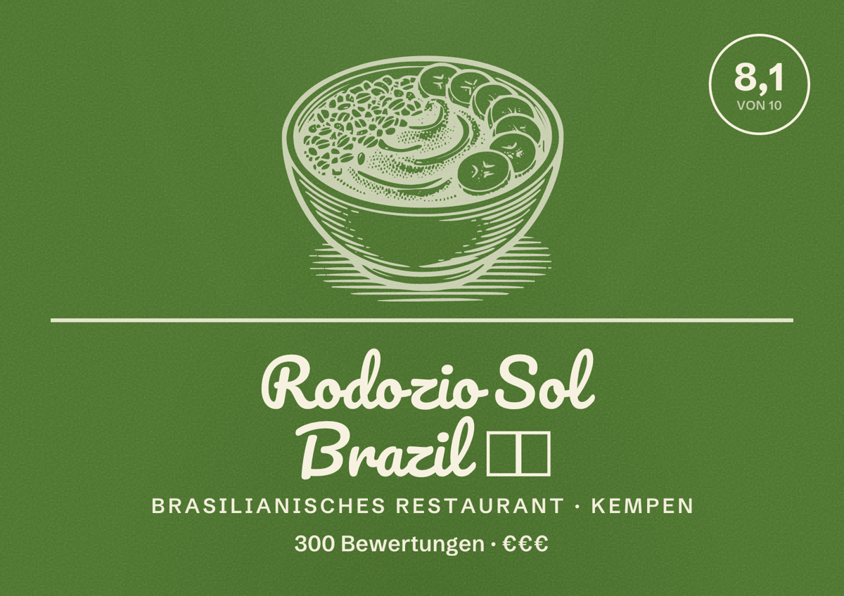 Illustriertes Poster von Rodozio Sol Brazil 🇧🇷, Brasilianisches Restaurant in Kempen: Bewertung 8,1 von 10 aus 300 Bewertungen, Preisniveau €€€