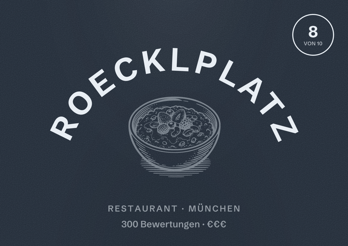 Illustriertes Poster von Roecklplatz, Restaurant in München: Bewertung 8 von 10 aus 300 Bewertungen, Preisniveau €€€