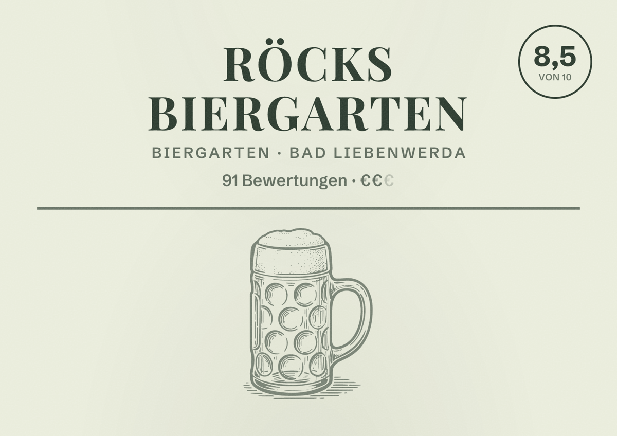 Illustriertes Poster von Röcks Biergarten, Biergarten in Bad Liebenwerda: Bewertung 8,5 von 10 aus 91 Bewertungen, Preisniveau €€