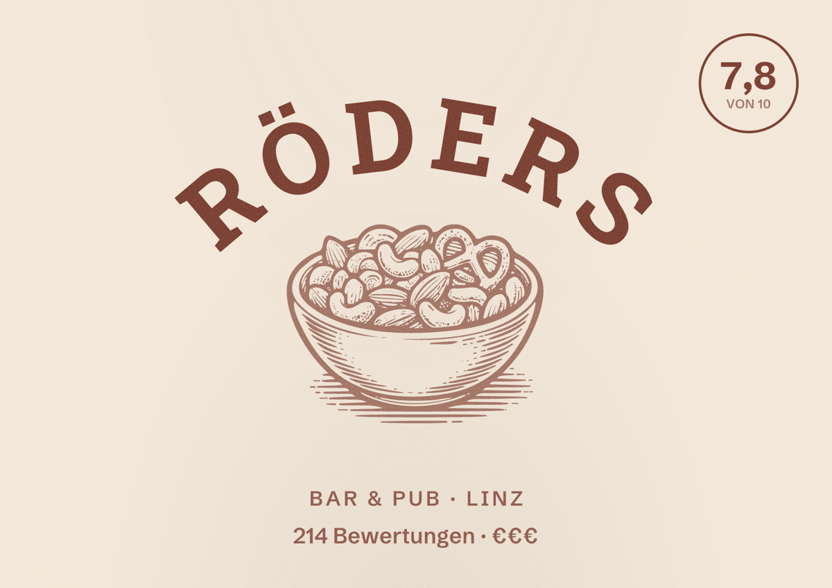 Illustriertes Poster von Röders, Bar & Pub in Linz: Bewertung 7,8 von 10 aus 214 Bewertungen, Preisniveau €€€