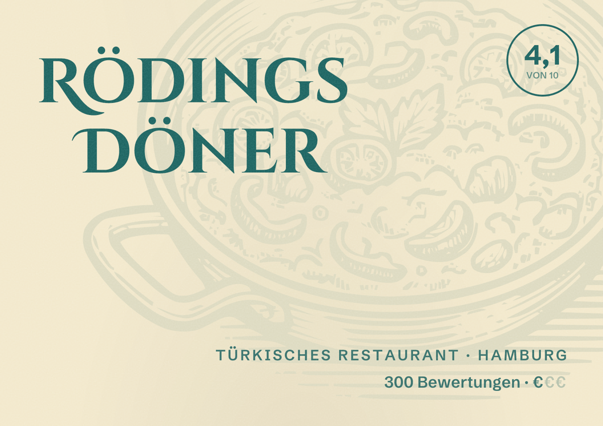 Illustriertes Poster von Rödings Döner, Türkisches Restaurant in Hamburg: Bewertung 4,1 von 10 aus 300 Bewertungen, Preisniveau €