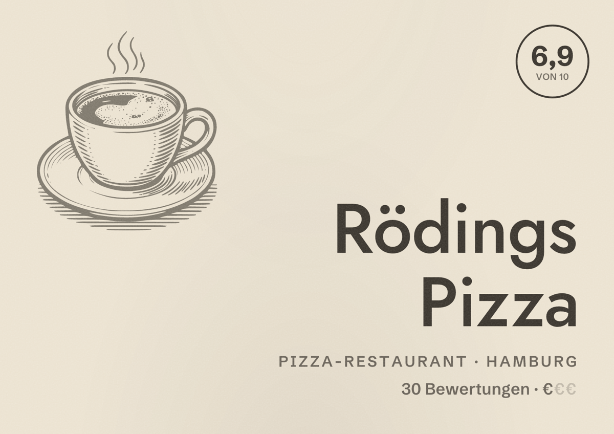 Illustriertes Poster von Rödings Pizza, Pizza-Restaurant in Hamburg: Bewertung 6,9 von 10 aus 30 Bewertungen, Preisniveau €