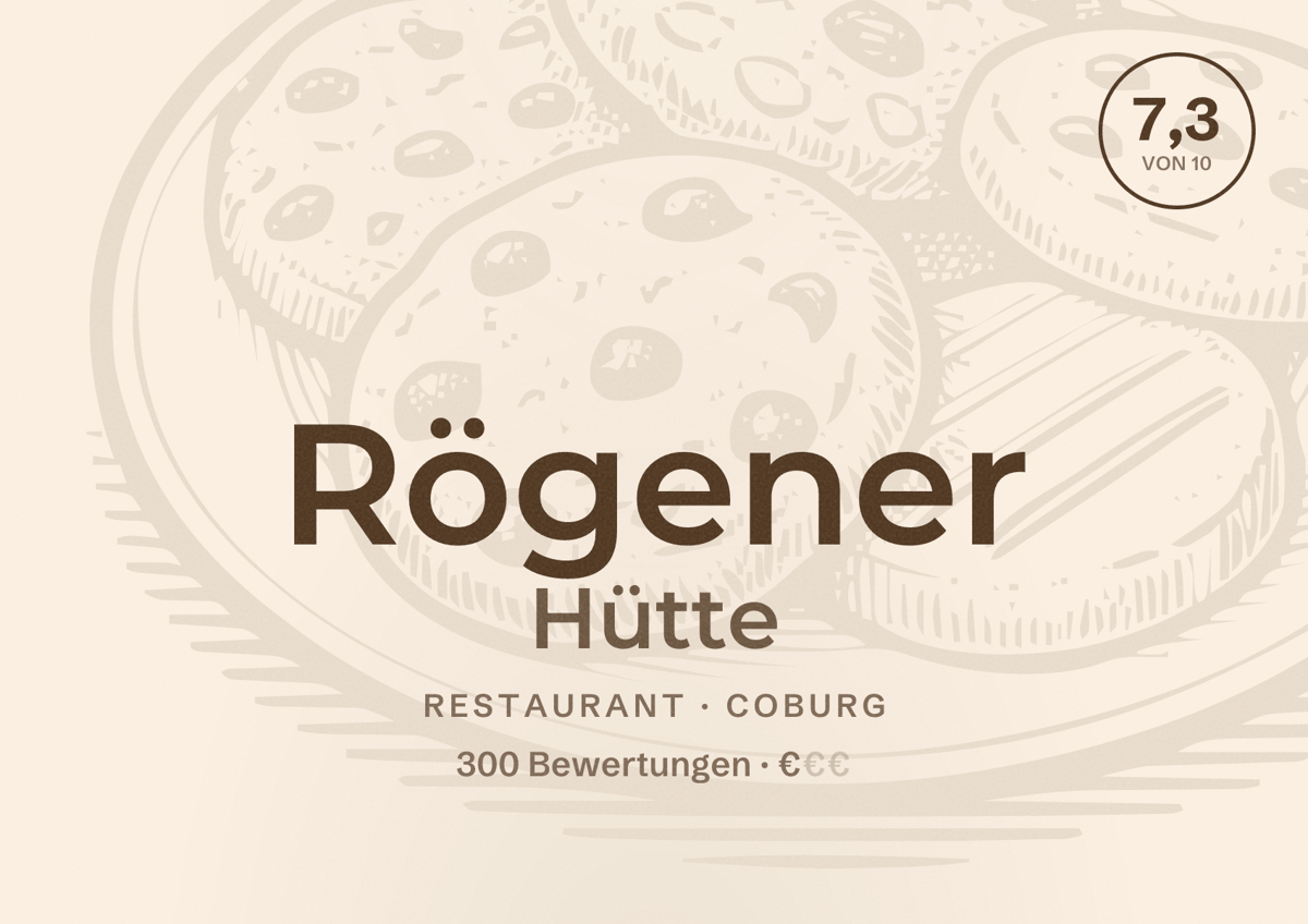 Illustriertes Poster von Rögener Hütte, Restaurant in Coburg: Bewertung 7,3 von 10 aus 300 Bewertungen, Preisniveau €