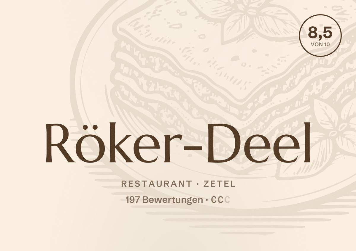 Illustriertes Poster von Röker-Deel, Restaurant in Zetel: Bewertung 8,5 von 10 aus 197 Bewertungen, Preisniveau €€