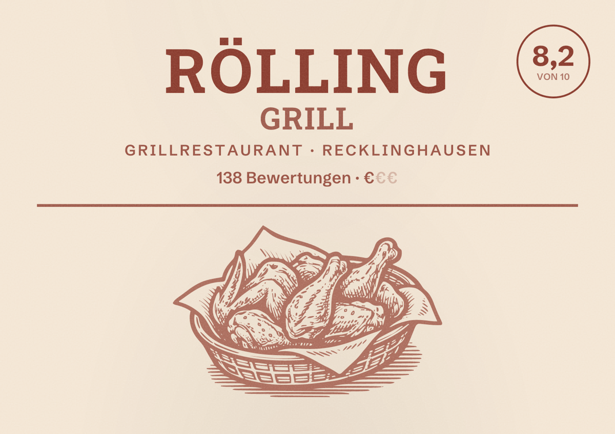Illustriertes Poster von Rölling Grill, Grillrestaurant in Recklinghausen: Bewertung 8,2 von 10 aus 138 Bewertungen, Preisniveau €