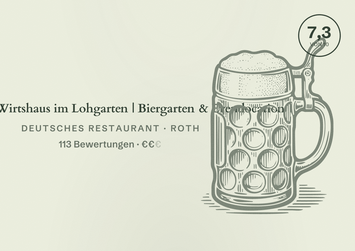 Illustriertes Poster von Römer das Wirtshaus im Lohgarten | Biergarten & Eventlocation, Deutsches Restaurant in Roth: Bewertung 7,3 von 10 aus 113 Bewertungen, Preisniveau €€