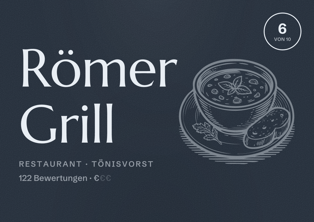 Illustriertes Poster von Römer Grill, Restaurant in Tönisvorst: Bewertung 6 von 10 aus 122 Bewertungen, Preisniveau €