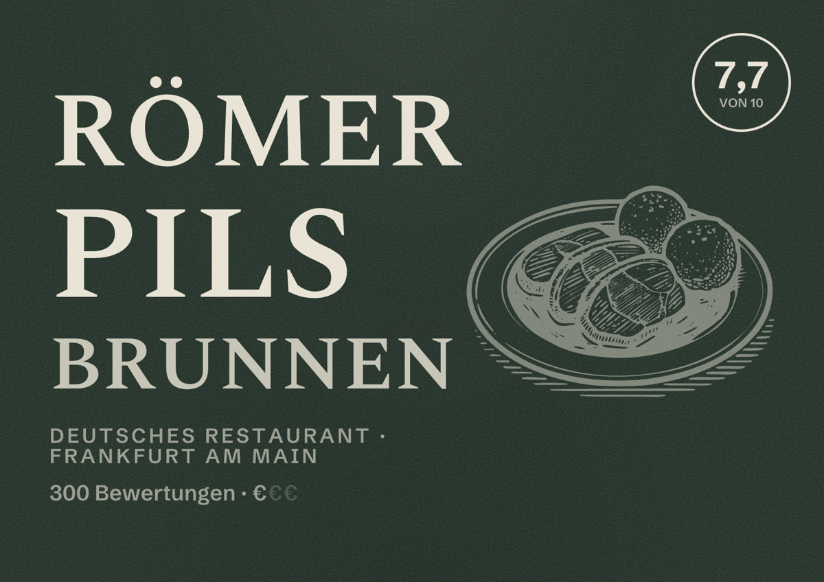 Illustriertes Poster von Römer Pils Brunnen, Deutsches Restaurant in Frankfurt am Main: Bewertung 7,7 von 10 aus 300 Bewertungen, Preisniveau €
