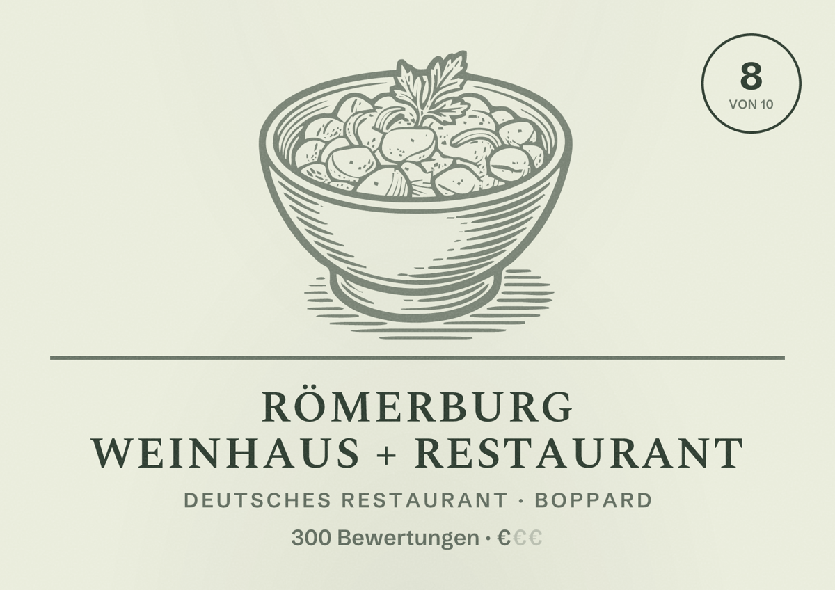 Illustriertes Poster von Römerburg Weinhaus + Restaurant, Deutsches Restaurant in Boppard: Bewertung 8 von 10 aus 300 Bewertungen, Preisniveau €