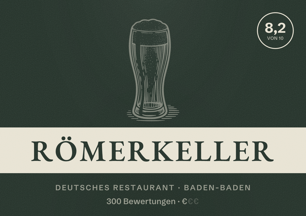 Illustriertes Poster von Römerkeller, Deutsches Restaurant in Baden-Baden: Bewertung 8,2 von 10 aus 300 Bewertungen, Preisniveau €