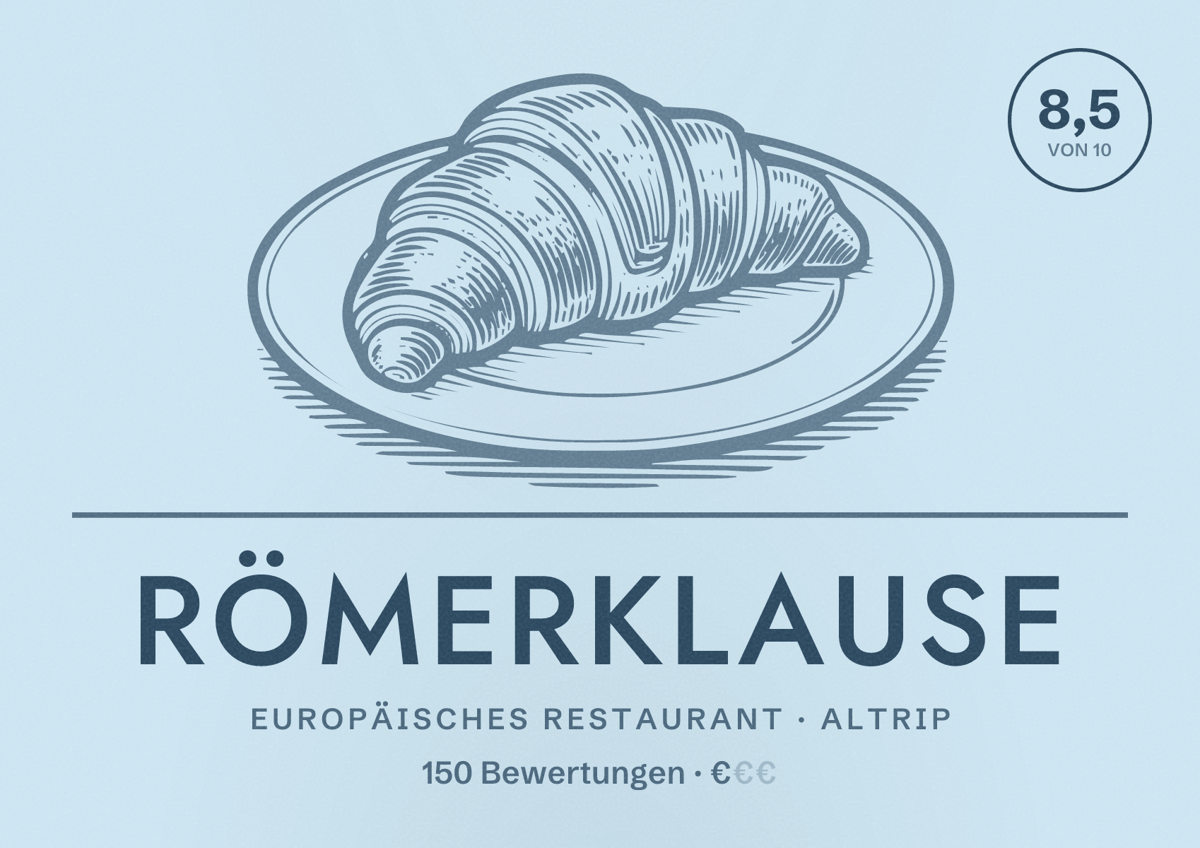 Illustriertes Poster von Römerklause, Europäisches Restaurant in Altrip: Bewertung 8,5 von 10 aus 150 Bewertungen, Preisniveau €