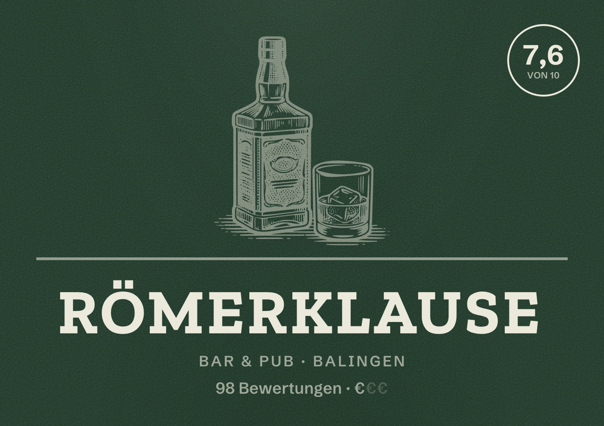 Illustriertes Poster von Römerklause, Bar & Pub in Balingen: Bewertung 7,6 von 10 aus 98 Bewertungen, Preisniveau €