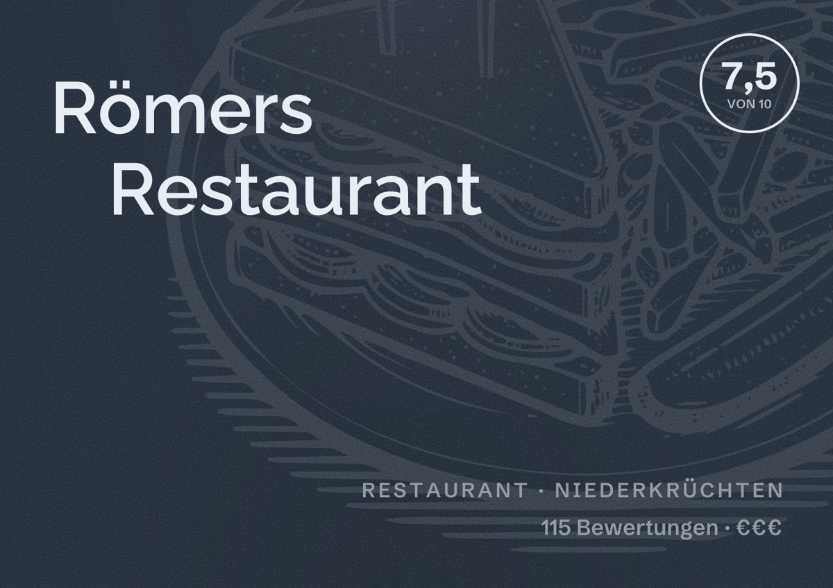 Illustriertes Poster von Römers Restaurant, Restaurant in Niederkrüchten: Bewertung 7,5 von 10 aus 115 Bewertungen, Preisniveau €€€