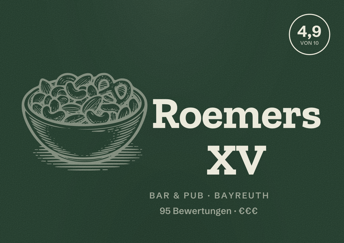 Illustriertes Poster von Roemers XV, Bar & Pub in Bayreuth: Bewertung 4,9 von 10 aus 95 Bewertungen, Preisniveau €€€