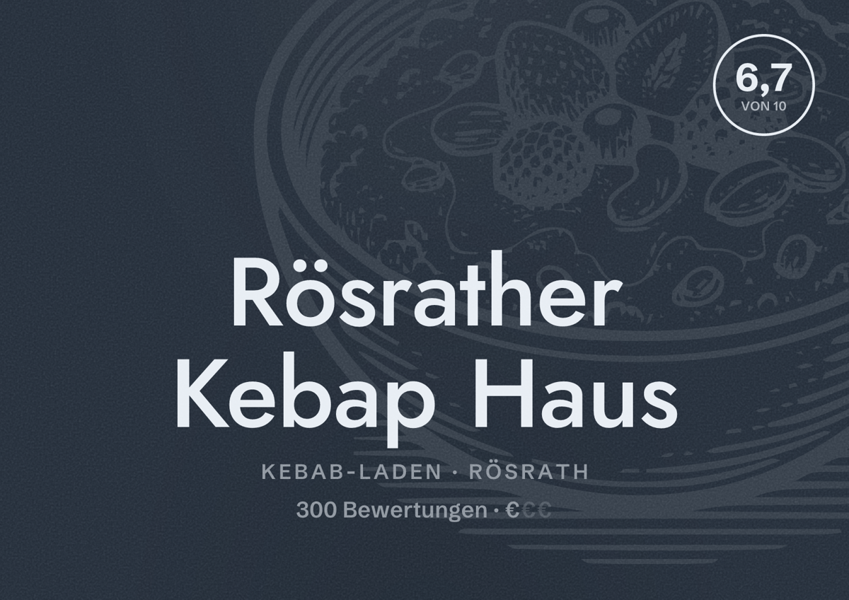 Illustriertes Poster von Rösrather Kebap Haus, Kebab-Laden in Rösrath: Bewertung 6,7 von 10 aus 300 Bewertungen, Preisniveau €