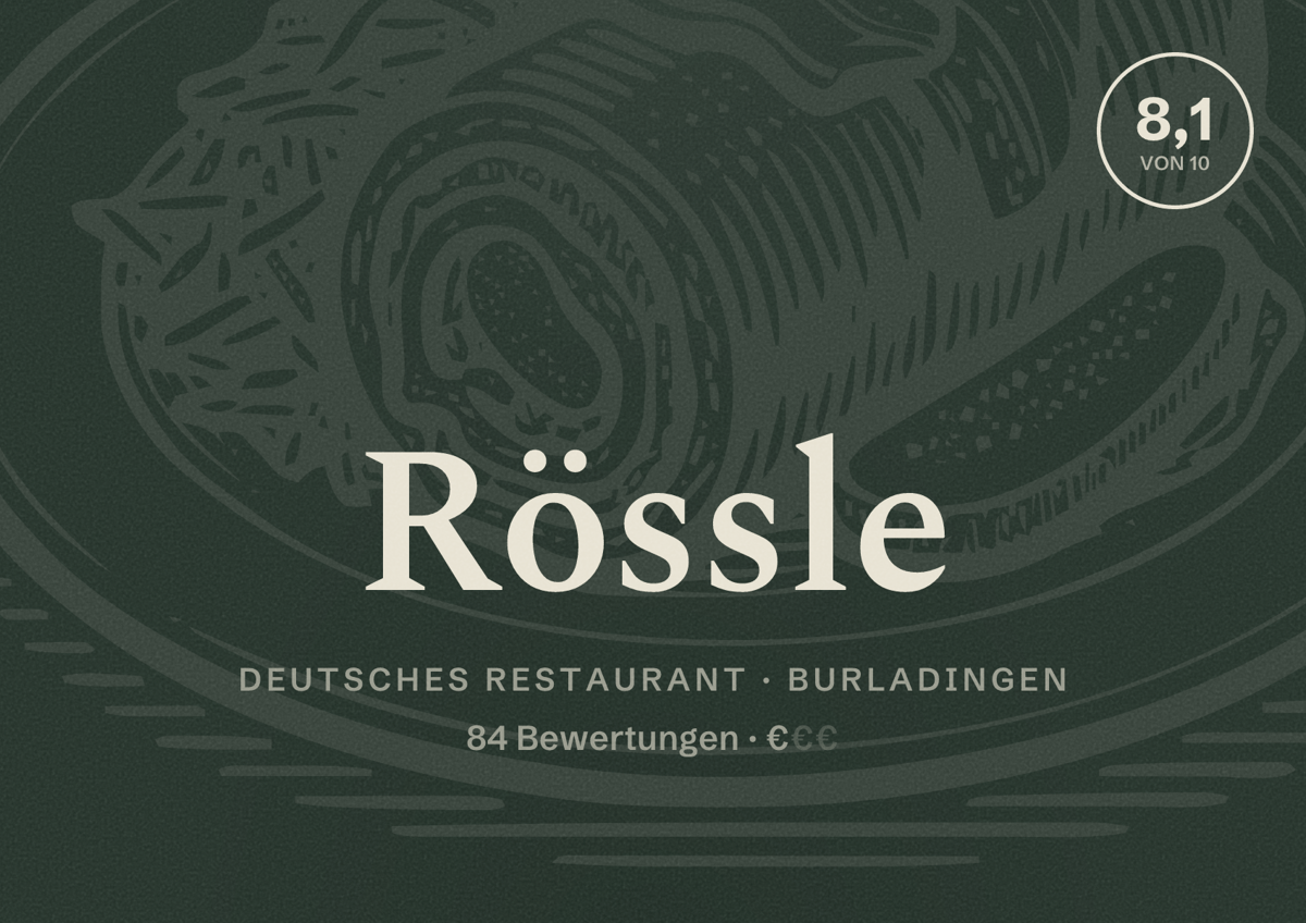 Illustriertes Poster von Rössle, Deutsches Restaurant in Burladingen: Bewertung 8,1 von 10 aus 84 Bewertungen, Preisniveau €
