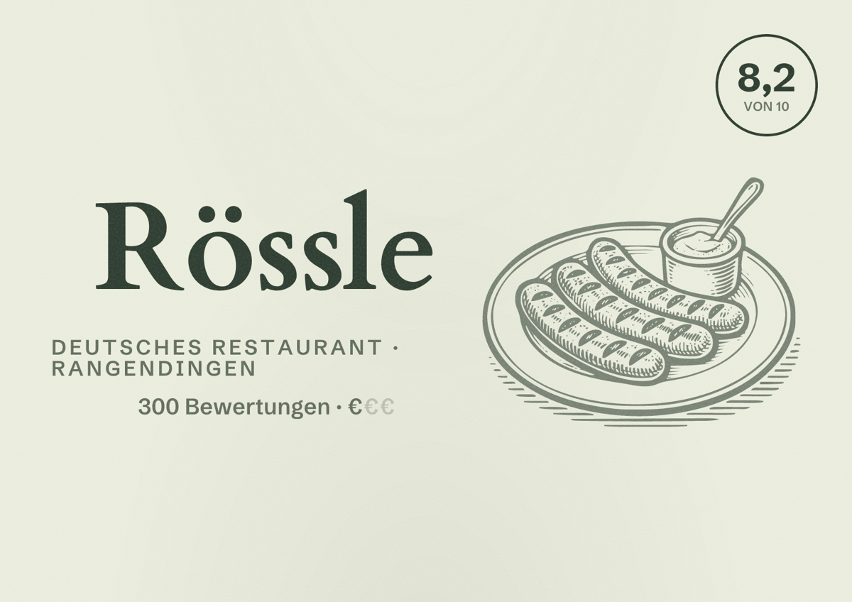 Illustriertes Poster von Rössle, Deutsches Restaurant in Rangendingen: Bewertung 8,2 von 10 aus 300 Bewertungen, Preisniveau €