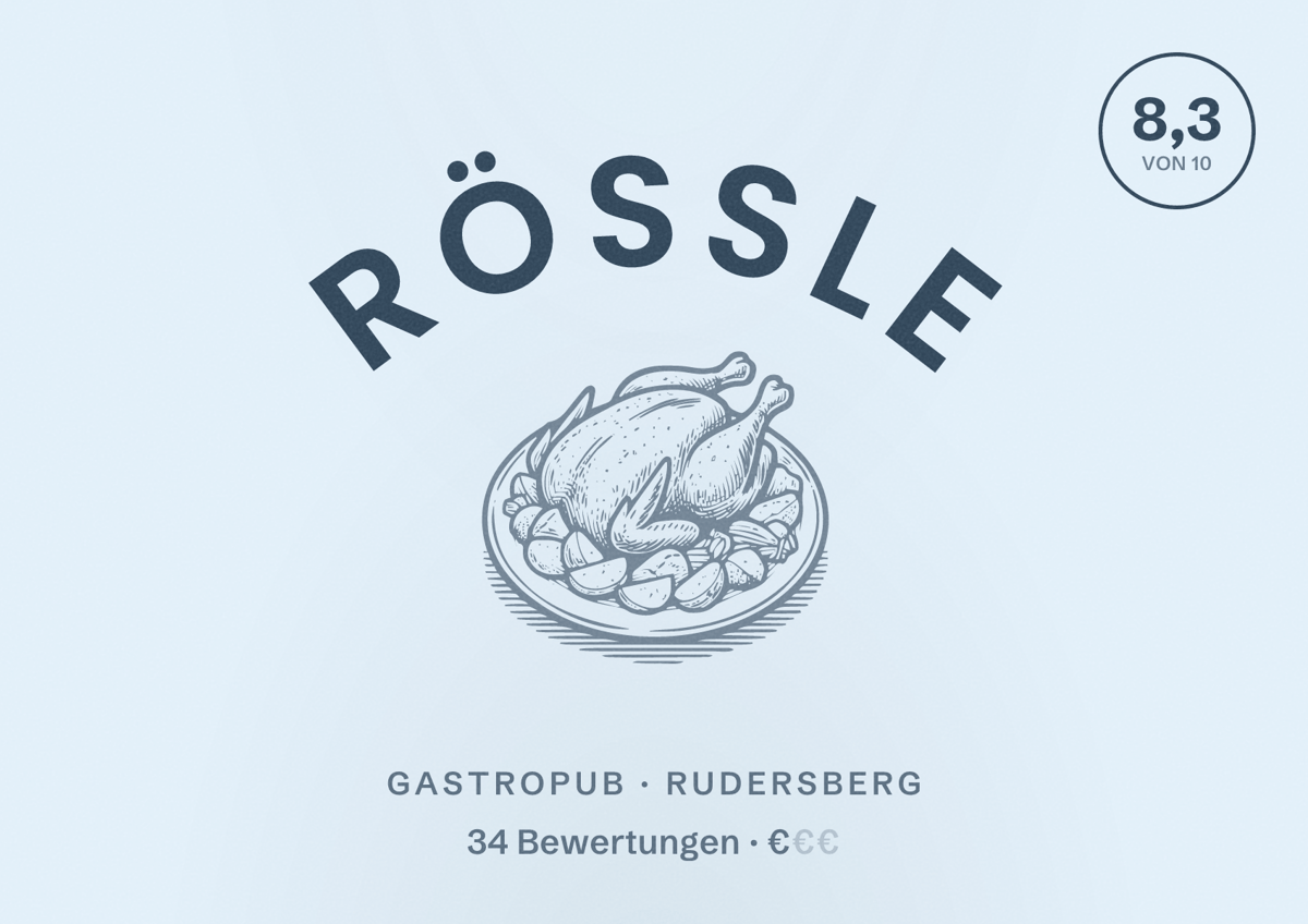 Illustriertes Poster von Rössle, Gastropub in Rudersberg: Bewertung 8,3 von 10 aus 34 Bewertungen, Preisniveau €