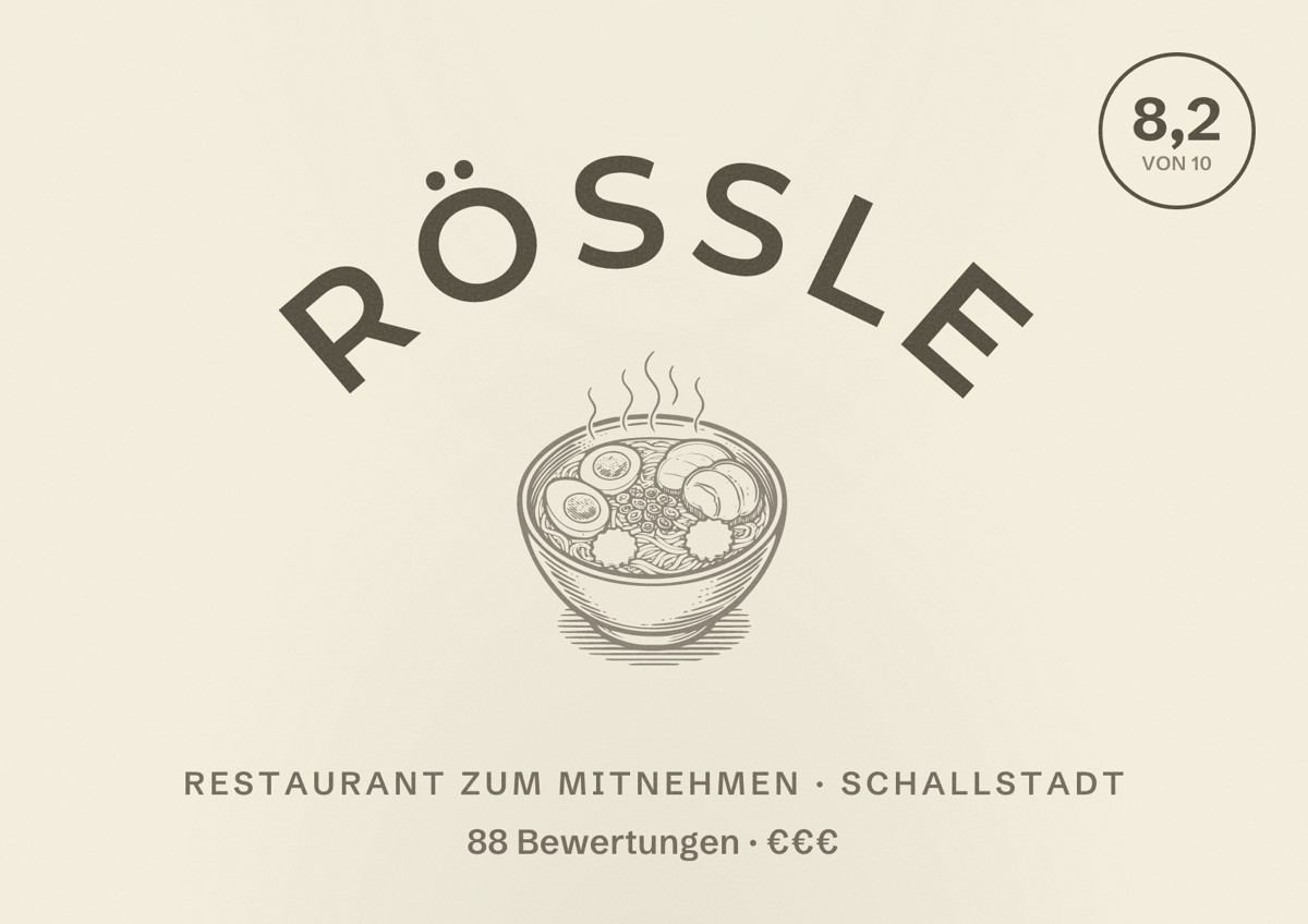 Illustriertes Poster von Rössle, Restaurant zum Mitnehmen in Schallstadt: Bewertung 8,2 von 10 aus 88 Bewertungen, Preisniveau €€€