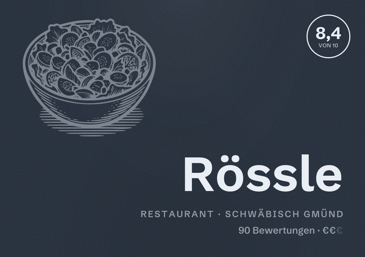 Illustriertes Poster von Rössle, Restaurant in Schwäbisch Gmünd: Bewertung 8,4 von 10 aus 90 Bewertungen, Preisniveau €€