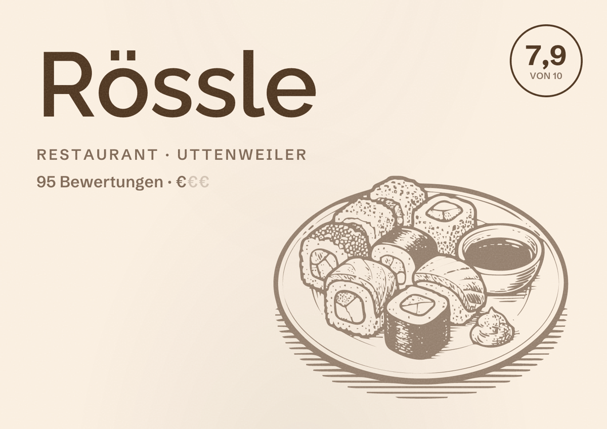 Illustriertes Poster von Rössle, Restaurant in Uttenweiler: Bewertung 7,9 von 10 aus 95 Bewertungen, Preisniveau €