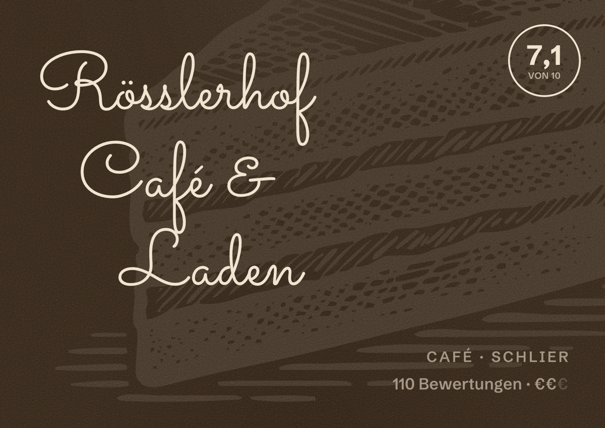 Illustriertes Poster von Rösslerhof Café & Laden, Café in Schlier: Bewertung 7,1 von 10 aus 110 Bewertungen, Preisniveau €€