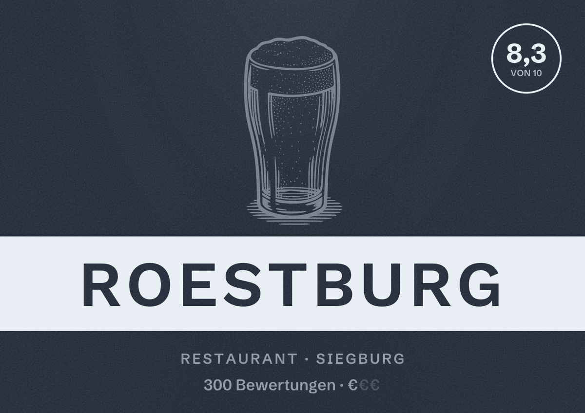 Illustriertes Poster von Roestburg, Restaurant in Siegburg: Bewertung 8,3 von 10 aus 300 Bewertungen, Preisniveau €